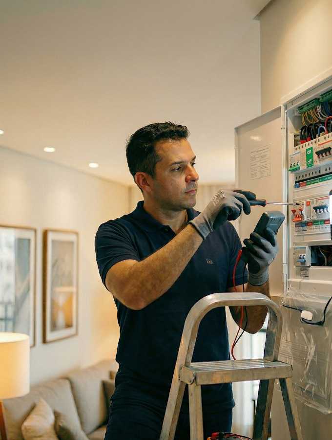 Técnico eletricista especializado a verificar ligações do quadro elétrico