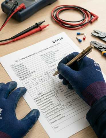Eletricista credenciado preenchendo ficha eletrotécnica técnica e detalhada para certificação.