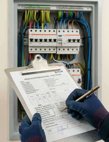 Eletricista credenciado assinando termo de responsabilidade para instalação elétrica residencial segura.