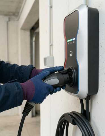 Conexão de plugue de carregador de carro elétrico a estação Wallbox em garagem residencial por eletricista